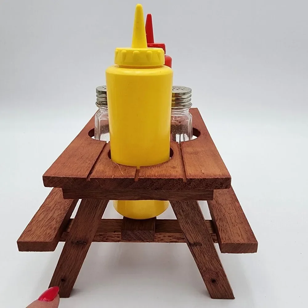Redwood Picnic Table Condiment Set Salt Pepper Ketchup Mustard‎ Vintage READ